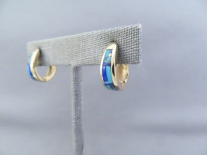 Gold Lapis & Turquoise Inlay Earrings ‘Huggies’