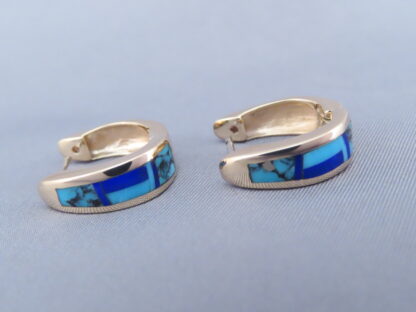 Gold Lapis & Turquoise Inlay Earrings ‘Huggies’