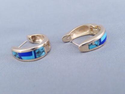 Gold Lapis & Turquoise Inlay Earrings ‘Huggies’
