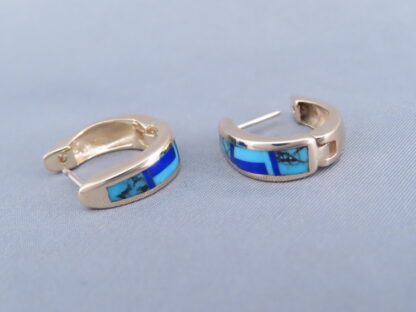 Gold Lapis & Turquoise Inlay Earrings ‘Huggies’