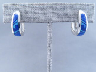 Buy Inlaid Jewelry - Lapis & Opal Inlay Earrings (smaller huggies) by Native American jeweler, Charles Willie FOR SALE $380-