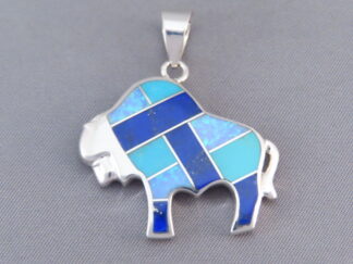 Shop Inlaid Teton Jewelry - Opal + Turquoise + Lapis Inlay Buffalo Pendant with Tetons by Native American jeweler, Pete Chee FOR SALE $365-