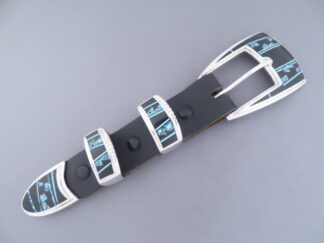 Shop Inlaid Belt Buckle - Black Jade & Turquoise Inlay Ranger Buckle Set by Native American jeweler, Peterson Chee FOR SALE $1,500-