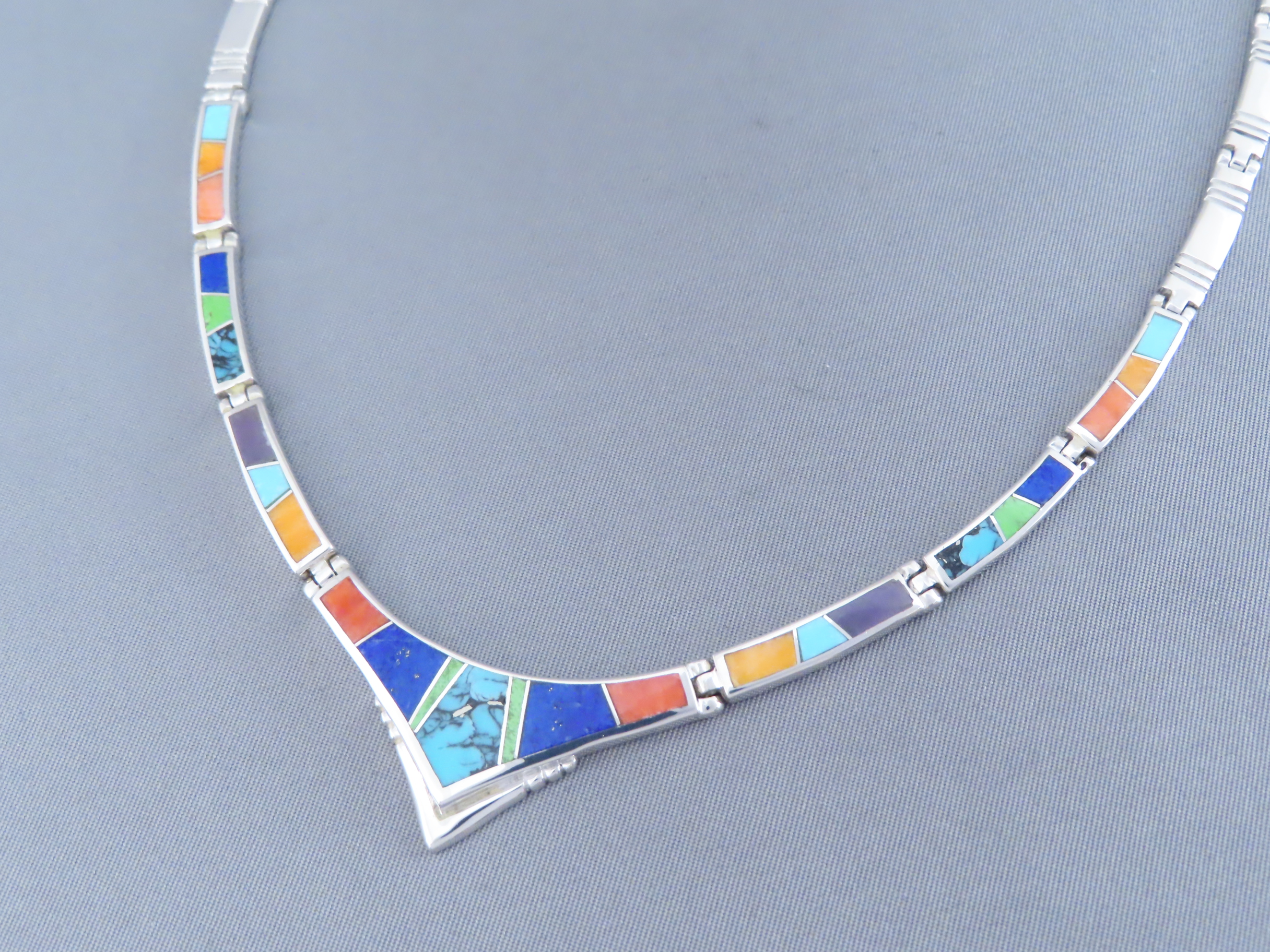 Multi-Color Inlay Necklace in Sterling Silver