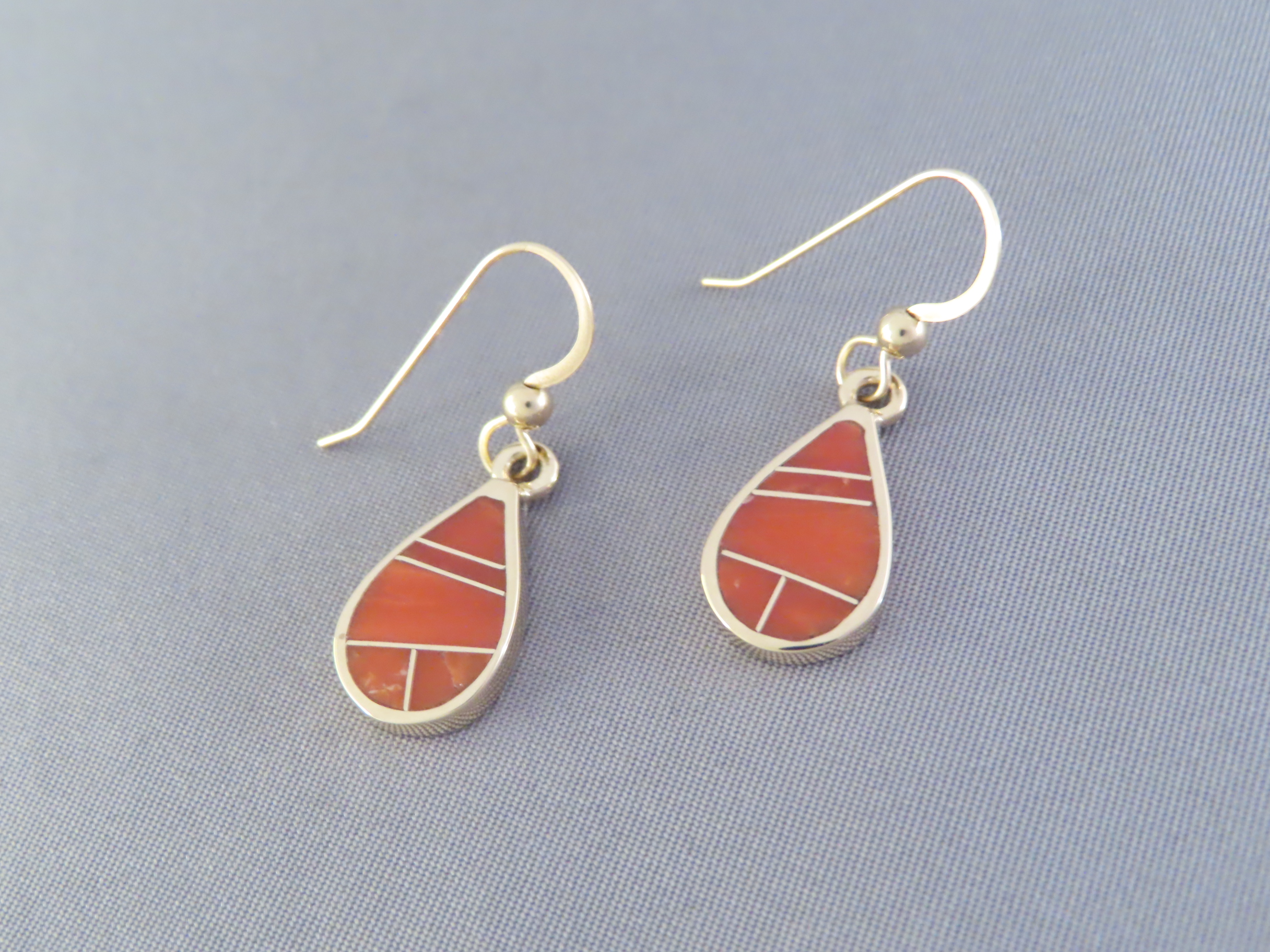 Gold & Coral Inlay Earrings (Teardrops)