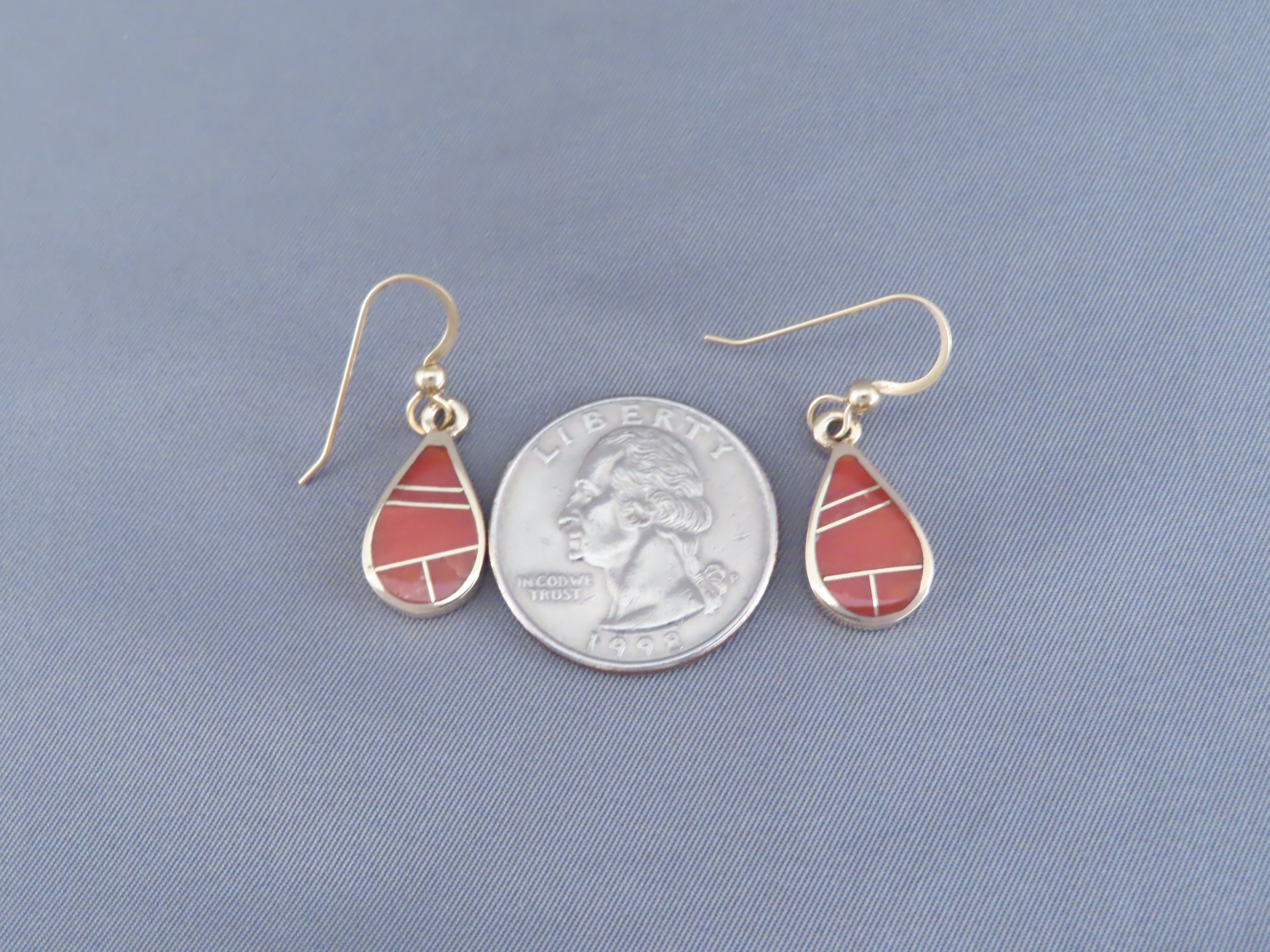 Gold & Coral Inlay Earrings (Teardrops)