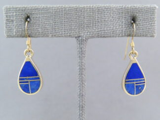 Buy Gold Native Jewelry - 14kt Gold Lapis Inlay Earrings (teardrops) by Navajo jeweler, Tim Charlie FOR SALE $1,995-