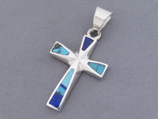 Turquoise and Lapis Inlay Cross Pendant