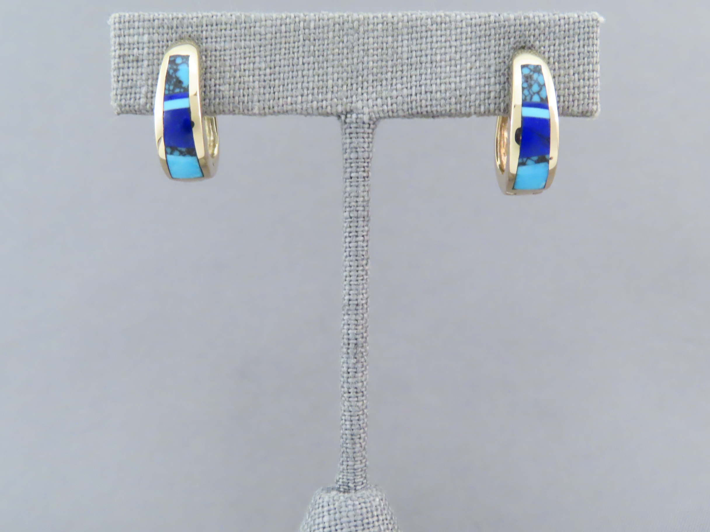 Gold Lapis & Turquoise Inlay Earrings ‘Huggies’