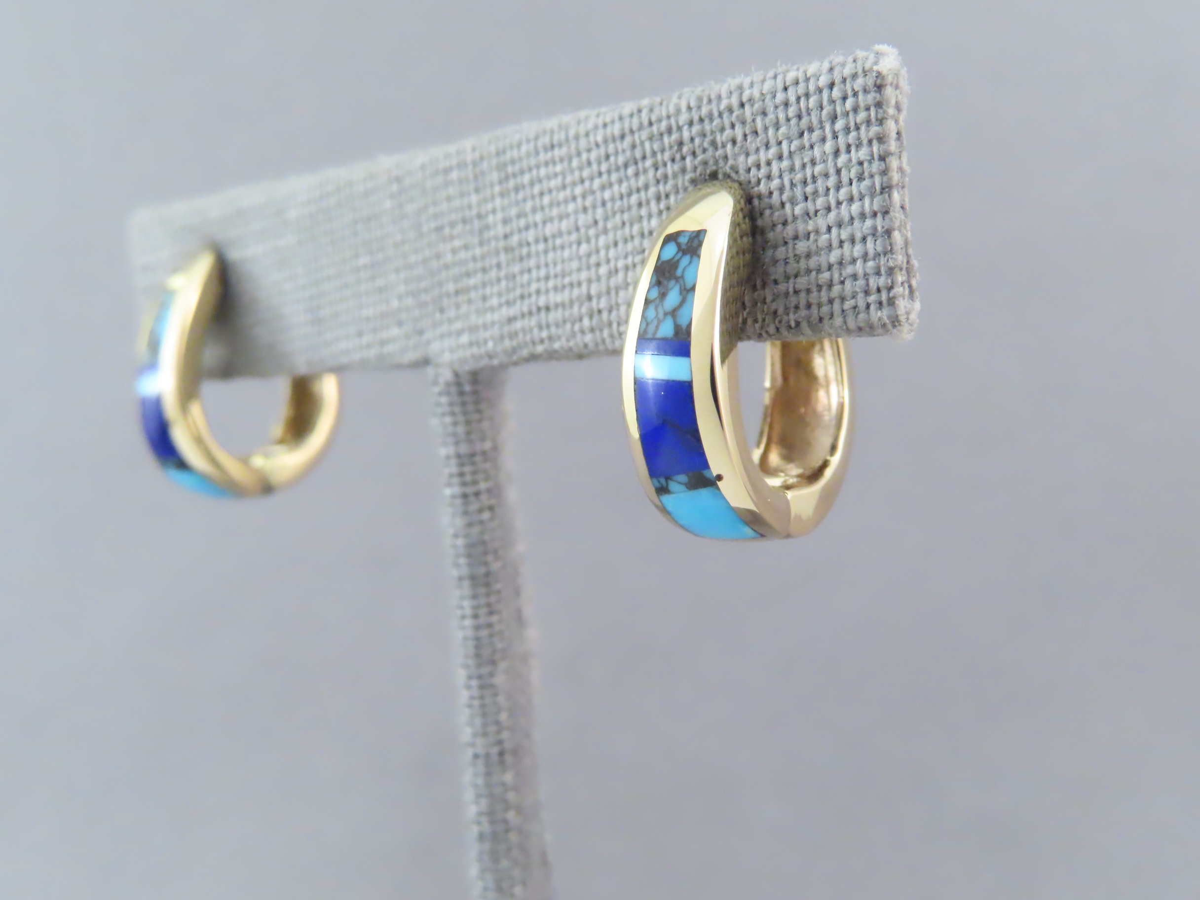 Gold Lapis & Turquoise Inlay Earrings ‘Huggies’
