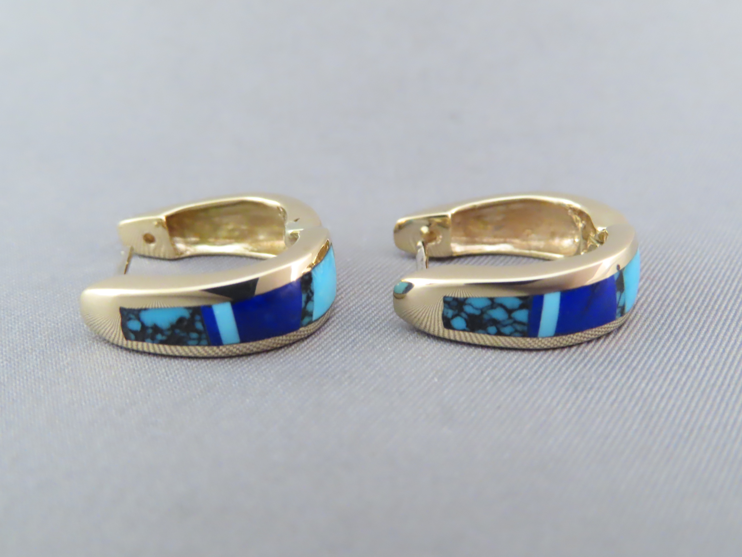 Gold Lapis & Turquoise Inlay Earrings ‘Huggies’