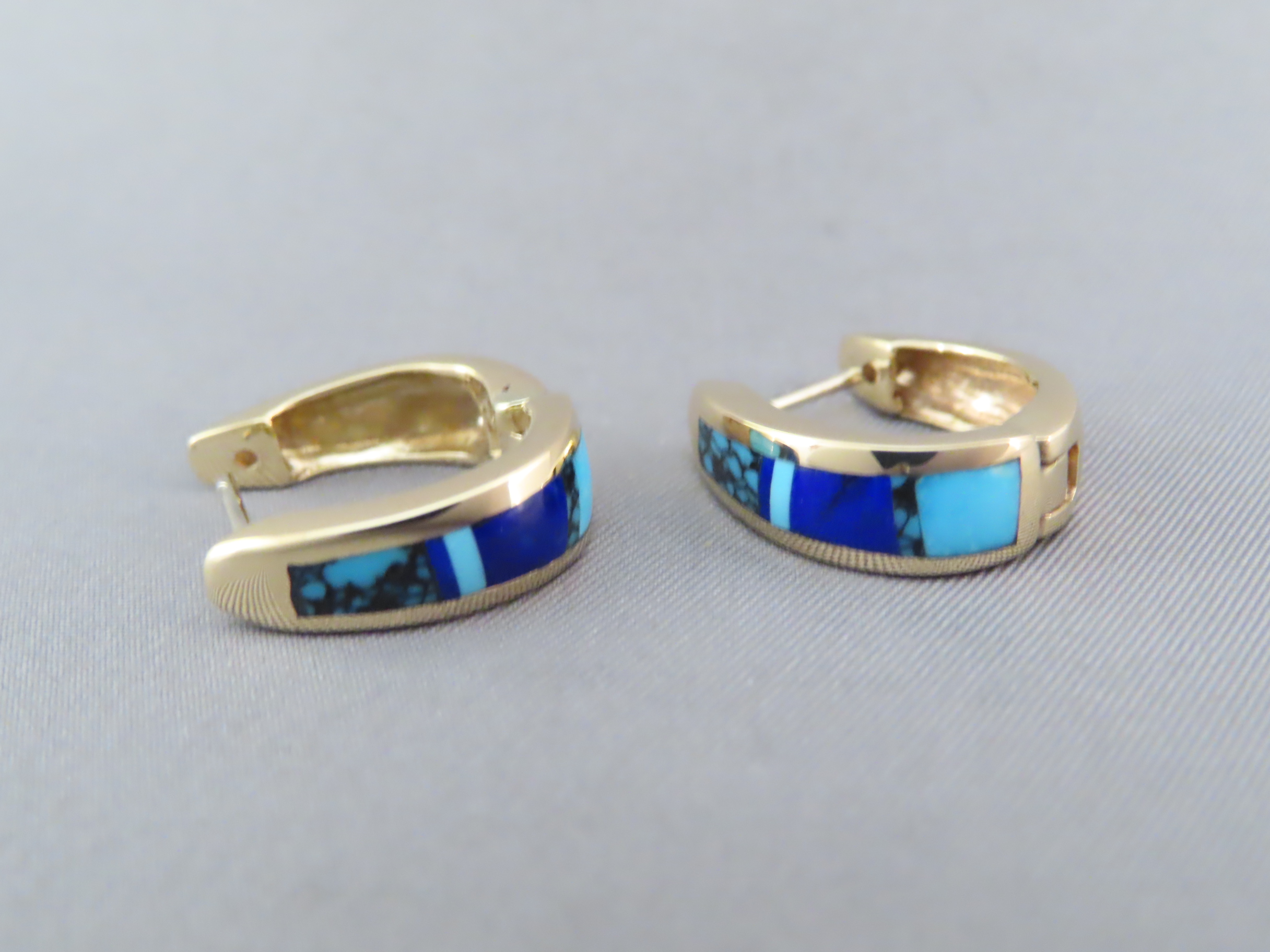 Gold Lapis & Turquoise Inlay Earrings ‘Huggies’