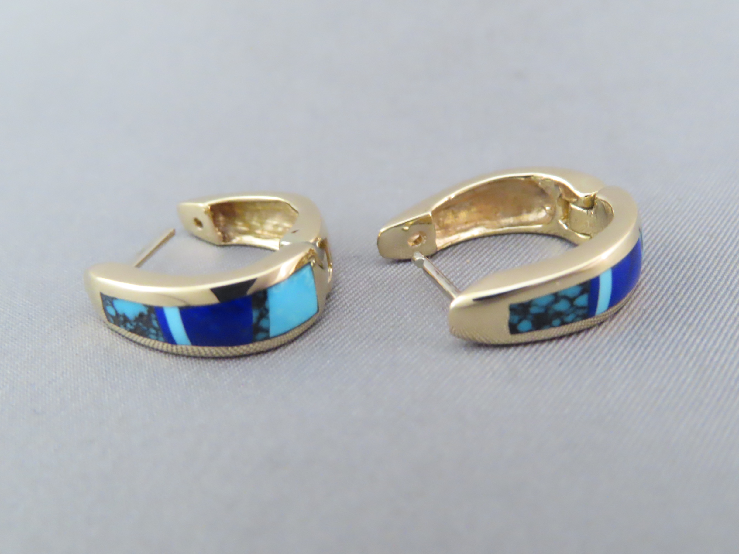 Gold Lapis & Turquoise Inlay Earrings ‘Huggies’