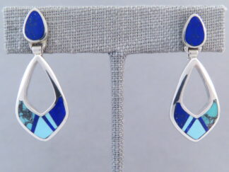 Turquoise Jewelry - Turquoise & Lapis Inlay Earrings (open-drops) by Native American jeweler, Pete Chee FOR SALE $395-