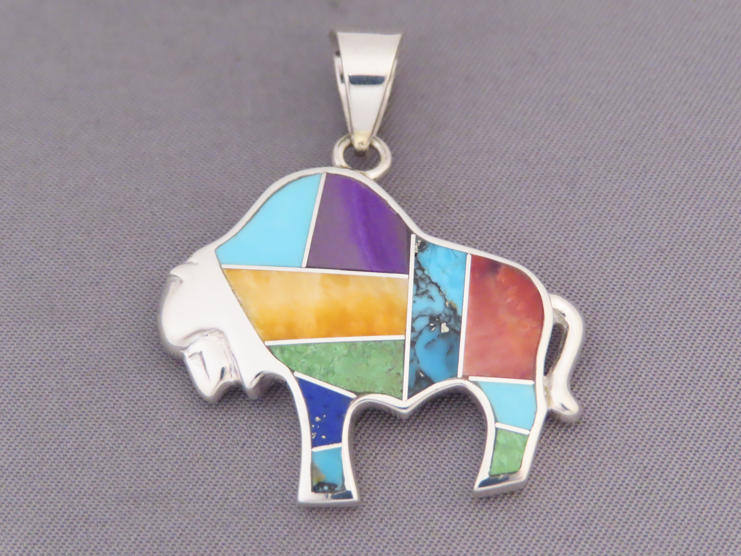 Inlaid Multi-Color Bison Pendant with Tetons