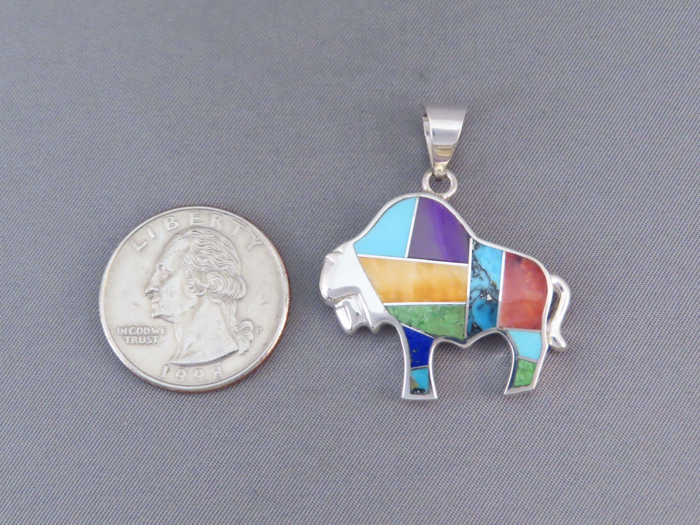 Inlaid Multi-Color Bison Pendant with Tetons