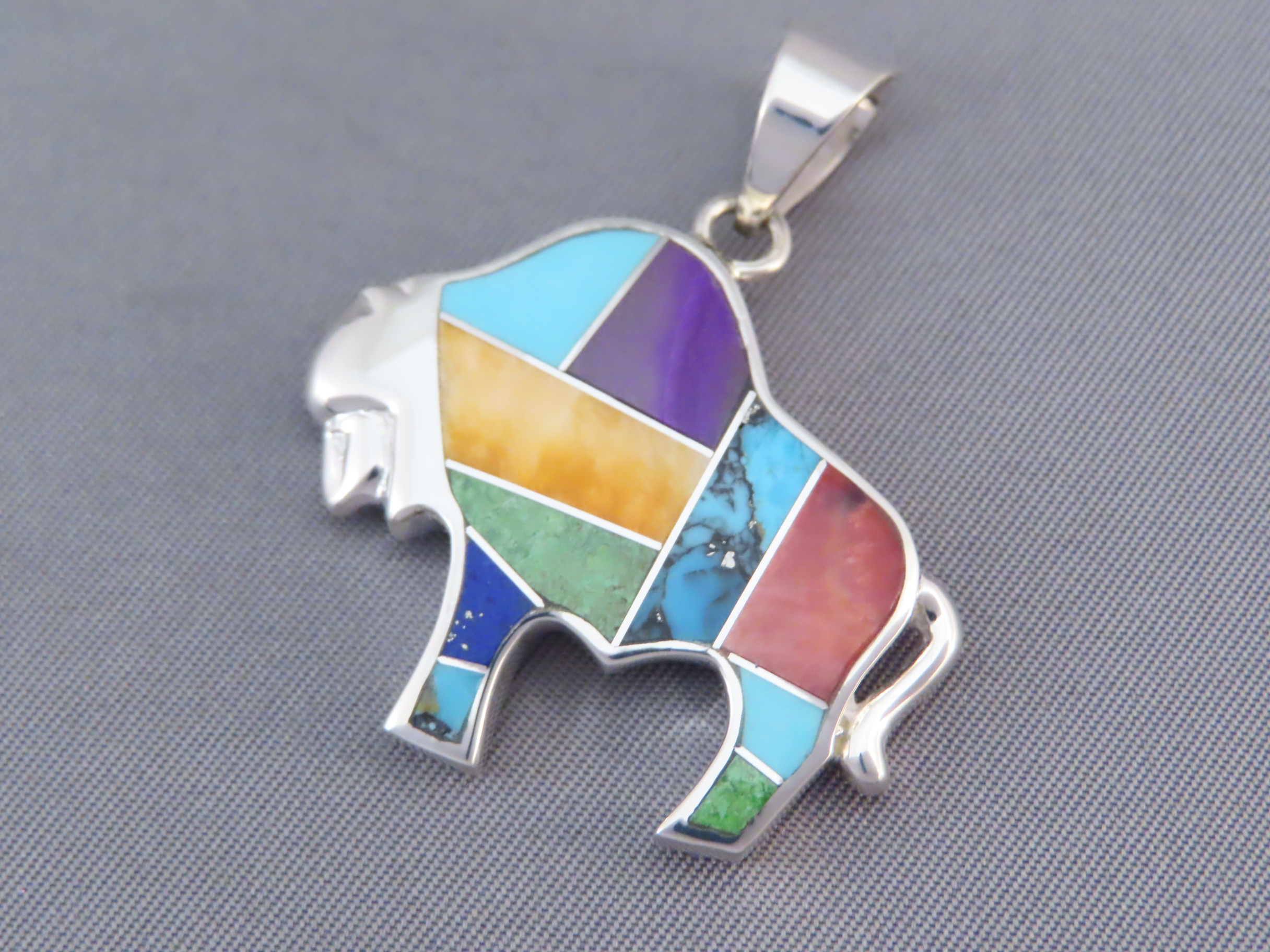 Inlaid Multi-Color Bison Pendant with Tetons