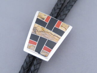 Buy Native American Jewelry - Multi-Stone with Coral Inlay Bolo Tie by Navajo Indian jeweler, Pete Chee FOR SALE $735-