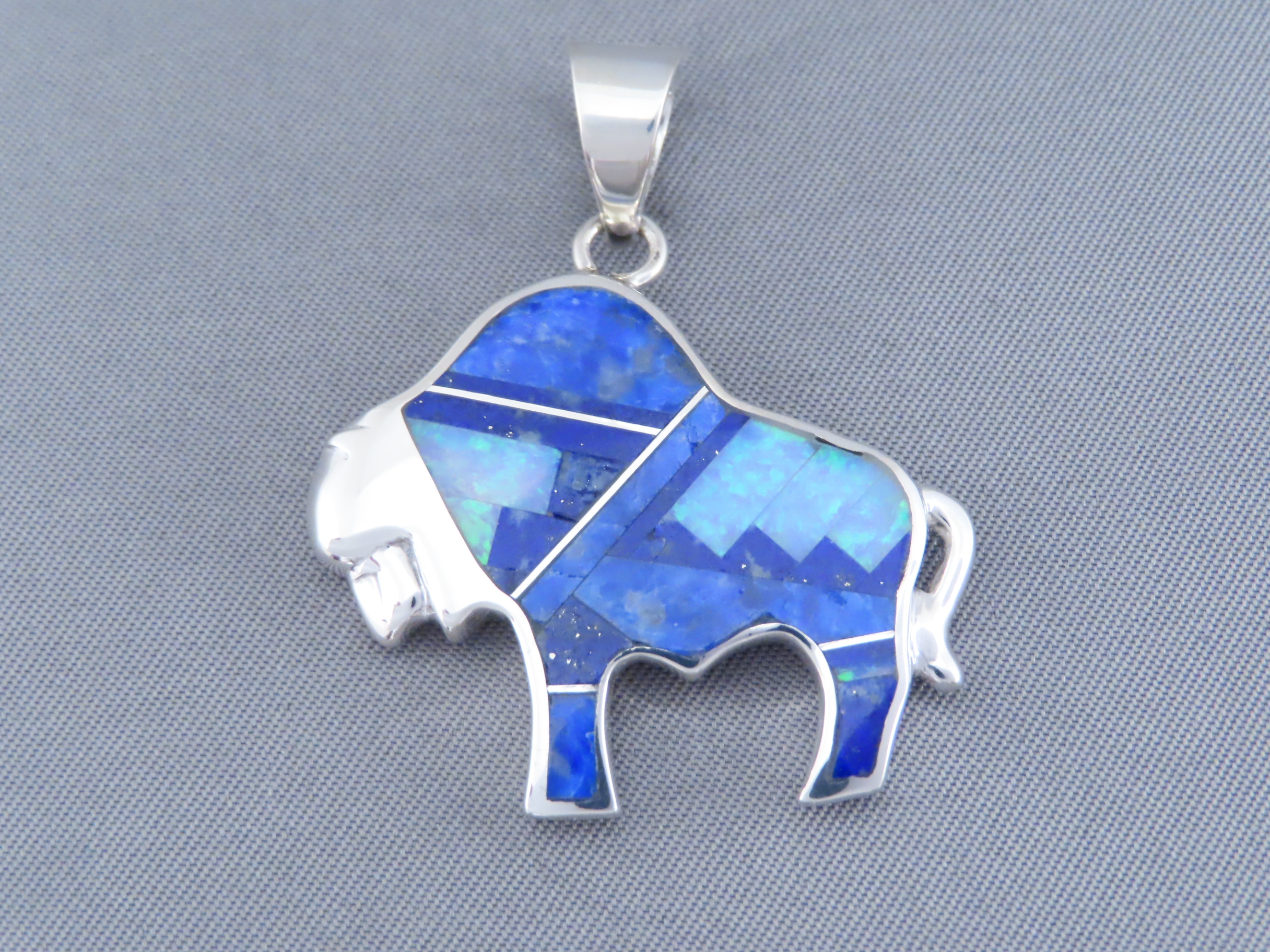Inlaid Buffalo Pendant with Tetons (Lapis & Opal)