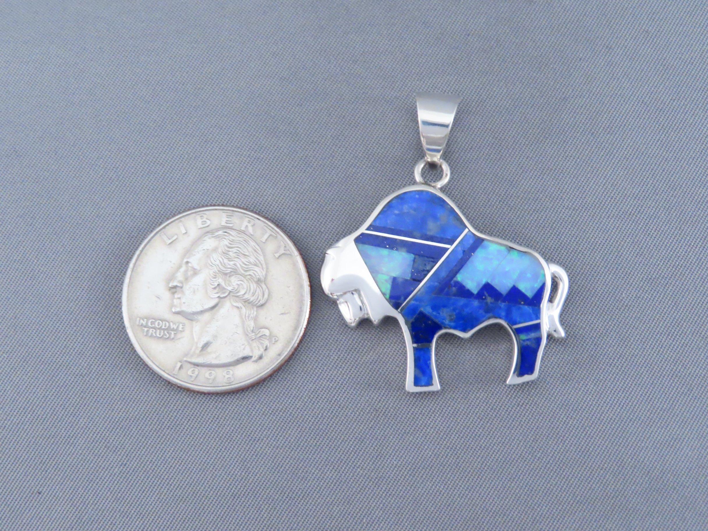 Inlaid Buffalo Pendant with Tetons (Lapis & Opal)